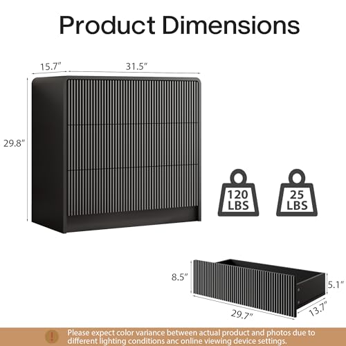 MAISONARIA Black Curved 3 Drawer Dresser, Wide Modern Long Dresser for Bedroom, Living Room, or Entryway, Push to Open Storage Chest, Minimalist Scandinavian Style - color: Black, size: 15.7"D x 31.5"W x 29.8"H (3 Drawers)