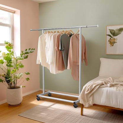 Simple Houseware Standard Rod Garment Clothing Rack, Silver | Single Rail, Extendable Width from 30 to 47 Inches, Rolling Clothing Organizer for Bedroom, Laundry, Living Room - color: Silver