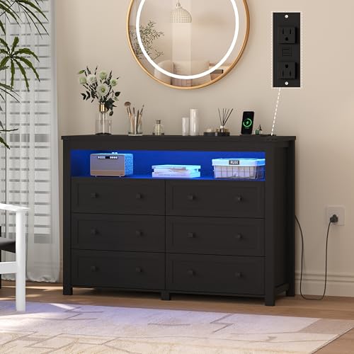 Black Dresser 6 Drawer Dressers for Bedroom with LED Lights, Charging Station, Wood Chest of Drawers with Metal Handles, Modern TV Stand Storage Cabinet for Living Room, Hallway, Entryway - color: Black, style: LED 6 Drawers