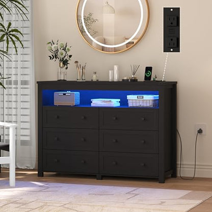 Black Dresser 6 Drawer Dressers for Bedroom with LED Lights, Charging Station, Wood Chest of Drawers with Metal Handles, Modern TV Stand Storage Cabinet for Living Room, Hallway, Entryway - color: Black, style: LED 6 Drawers