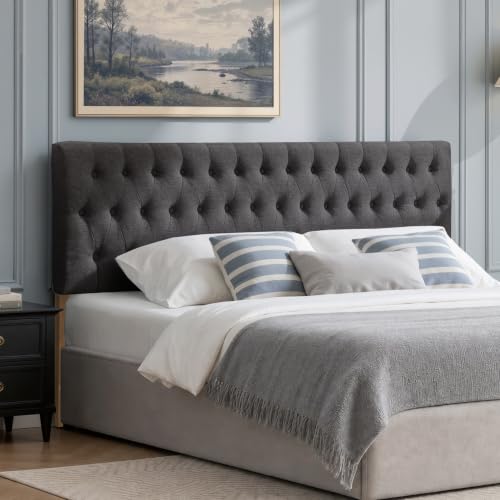 Tufted Upholstered Full Size Bed Headboard in Modern Button Design, Adjustable Solid Wood Head Board, Premium Linen Fabric Padded Headboards in Bedroom (Dark Grey) - color: Dark Grey, size: Full