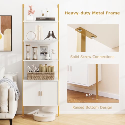 Giantex 5-Tier Wall-Mounted Ladder Shelf, 72.5" Tall Bookshelf w/ 2-Door Cabinet, Modern Style Kitchen Open Shelving Organizer, Heavy-Duty Metal Frame Display Rack for Living Room,White & Gold - color: White & Gold