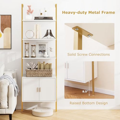 Giantex 5-Tier Wall-Mounted Ladder Shelf, 72.5" Tall Bookshelf w/ 2-Door Cabinet, Modern Style Kitchen Open Shelving Organizer, Heavy-Duty Metal Frame Display Rack for Living Room,White & Gold - color: White & Gold