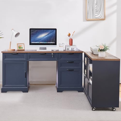 60" Farmhouse Executive Desk with 40" Mobile File Cabinet,L Shaped Desk Set with Charging Station,Office Desk with Storage Drawers,Wood Computer Desk Set for Office Work,Home Study - color: Blue