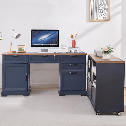 60" Farmhouse Executive Desk with 40" Mobile File Cabinet,L Shaped Desk Set with Charging Station,Office Desk with Storage Drawers,Wood Computer Desk Set for Office Work,Home Study - color: Blue
