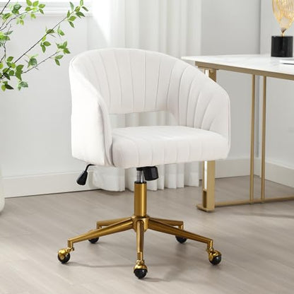 Desk Chair with Wheels, Gold Base, Velvet Accent Vanity Armchair, Off-White | Spacious‌ Soft Seat, Swivel Height Adjustable, Rocking Function, Modern Stripe for Girls &Women Bedroom Makeup or Nail - color: Off-white Cream Velvet