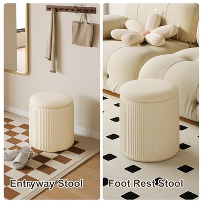 Beige Ottoman with Storage Set of 2, Upholstered Velvet Vanity Stool, Comfy Round Makeup Vanity Stools, Large Storage Ottoman Foot Rest, Pouf Seat for Living Room/Bedroom - color: Beige