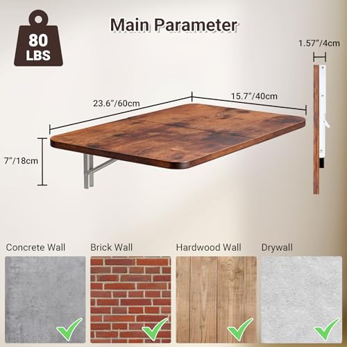 Neoaider Wall Mounted Folding Desk 23.6” x 15.7”, Brown | Drop Down Table with Metal Collapsible Brackets, Folding Wall Table for Small Spaces, Home, Office, Kitchen, Laundry Room - color: Brown, size: 23.6" x 15.7"