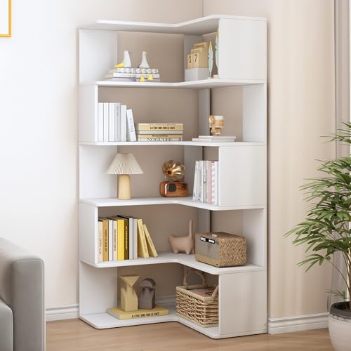 IOTXY 6-Tier L-Shaped Corner Bookshelf - 66" Tall Wooden Freestanding Bookcase with Open Shelf Units, White - color: White