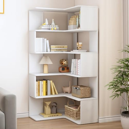IOTXY 6-Tier L-Shaped Corner Bookshelf - 66" Tall Wooden Freestanding Bookcase with Open Shelf Units, White - color: White