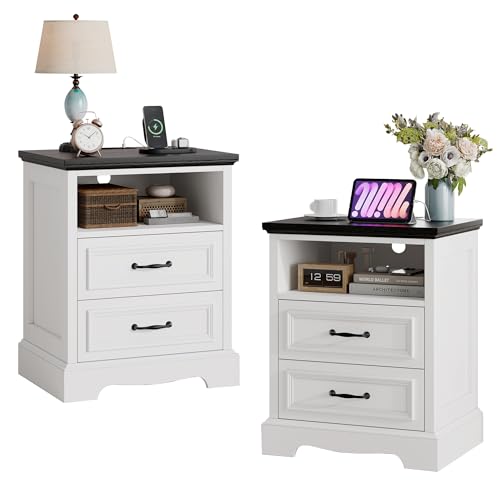 Fynar Farmhouse White Nightstand Set of 2 with Charging Station & 2 Drawers | 18" W End Table for Bedroom, Wood Modern Bedside Cabinet for Living Room, Dresser for Small Place, 2pcs - color: White+ Black, size: 2 Drawers