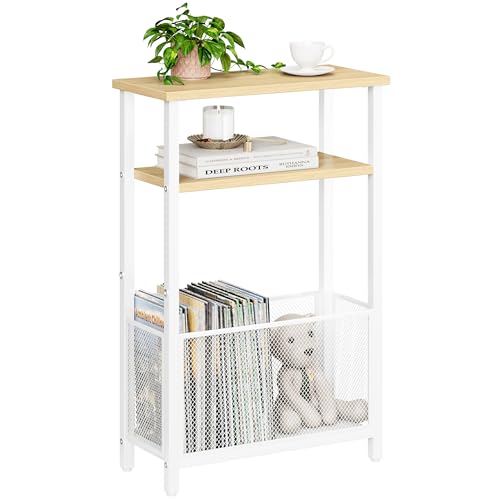MMEOLUOOK Narrow Side Table with Storage Basket Skinny End Tables for Smalls Spaces 3 Tier Sofa Table Small Nightstand Slim Bedside Table for Living Room Bedroom Natural Wood MLBZ22Y - color: Natural