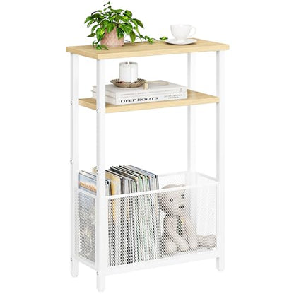 MMEOLUOOK Narrow Side Table with Storage Basket Skinny End Tables for Smalls Spaces 3 Tier Sofa Table Small Nightstand Slim Bedside Table for Living Room Bedroom Natural Wood MLBZ22Y - color: Natural