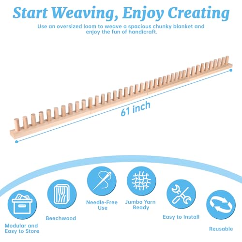 cenoz 61" Beechwood Chunky Knitting Blanket Loom Kit - Adjustable Size Hand Knitting Loom for DIY Throw Chunky Yarn Blankets Scarves Rugs, No Needles Required, Blanket Loom Gift for Beginners Starter - size: 61inch