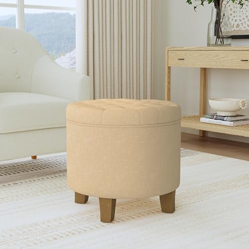 HomePop 19" Button Tufted Round Storage Ottoman - Light Tan Textured Solid - color: Light Tan Textured Solid