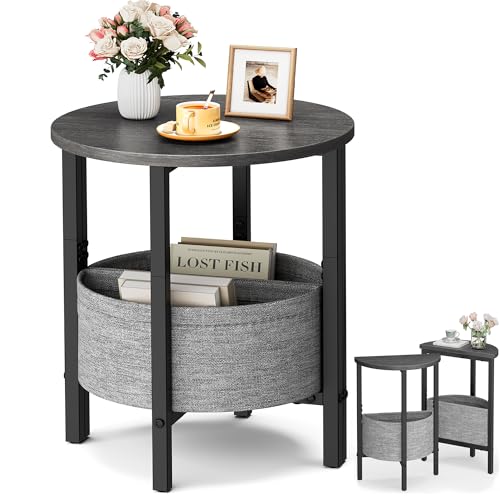 Small Round Side Table End Table, Tall Accent Table with Storage Basket, Set of 2 Half Round Table Half Moon Tables, Coffee Bedside Table Modern Nightstand for Living Room Bedroom Gray Walnut - color: Gray Walnut