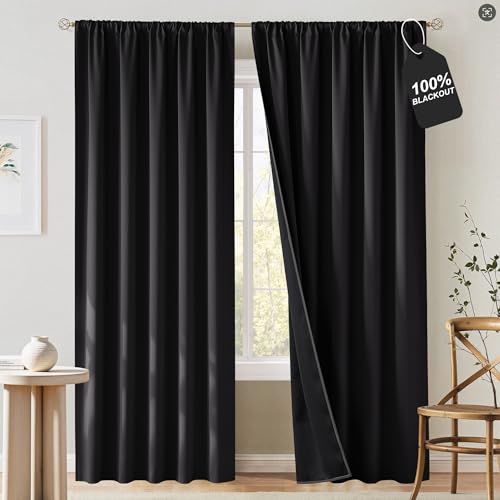 NICETOWN Doorway Curtains 80 inch Length 100% Blackout, Rod Pocket Privacy Drapes Room Darkening Window Treatment for Hallway, Black, W52 x L80, 2 Panels - color: Black, size: 52"W x 80"L (Pack of 2)