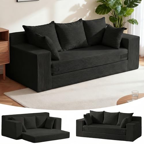 Convertible Sofa Bed, Pull Out 3 Seater Sleeper Sofa, 70" Black Boneless Couch Fold Out Floor Couch with 5 Pillows for Living Room Bedroom Lounge Small Space - color: Black, size: 3 Seater (70")