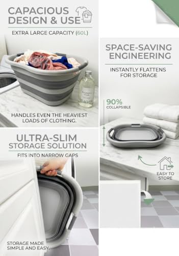 SAMMART 40L (10.5 gallon) Collapsible Plastic Laundry Hamper - Foldable Pop Up Storage Container/Organizer - Portable Washing Tub - Space Saving Basket (1, Grey/Dark Grey) - color: Grey/Dark Grey