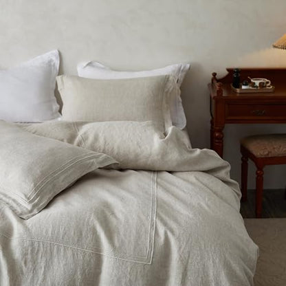 Simple&Opulence 100% Washed Linen Duvet Cover Set 68"x86" - 2 Pieces Soft Farmhouse Comforter Set Double Embroidered with Button Closure - 1 Duvet Cover and 1 Pillowsham (Linen, Twin) - color: 2 Embroidery Linen, size: Twin