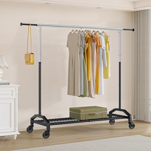 Wiracks Heavy Duty Clothes Rack for Hanging Clothes Extendable Rolling Clothing Rack for Hanging Clothes 350lbs Chrome 51 to 71" W x 16.53" D x 65" to 71" H 3" Industrial Wheels - style: Chrome+Black