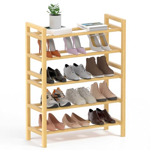 Bamboo Shoe Rack Free Standing Shoe Organizer Natural, 5-Tier,Small | with Smooth Round Rods & Convenient Handles, Stackable Shoe Storage Shelf for Entryway, Hallway - color: Natural, size: 5-Tier(Small)