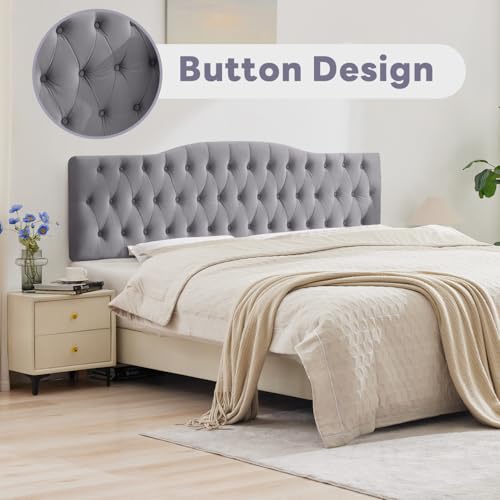Iroomy Upholstered King Headboard, Button Diamond Tufted Headboard with Adjustable Height and Solid Wood Leg, Velvet Padded Headboards for King Size Bed, Modern Head Board (Grey) - color: Grey-velvet, size: King