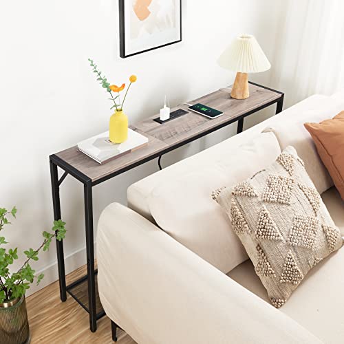 MAHANCRIS 43.7" Console Table with Outlet, Narrow Sofa Table with Shelf | 2 Tier Behind Couch Table, Charging Station, Steel Frame, for Entryway, Living Room, Foyer, Hallway, Greige CTHG11E01N1 - color: Greige, Black