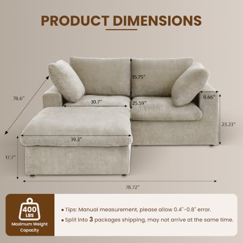 79" Cloud Modular Sofa, Convertible Modular Loveseat Couch with Storage Ottoman, Cotton Linen Fabric Sofa for Living Room, Apartment and Bedroom, Removable Covers, 2 Pillows, Khaki - color: Khaki, size: LoveSeat+1 Ottoman