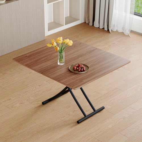 Liftable Folding Dining Table for 4, Adjustable Drop Leaf Table, Folding Coffee Table for Small Spaces, Scratch-Resistant Wood Top with Metal Frame for Apartment Kitchen Living Room - color: Dark Wood-black