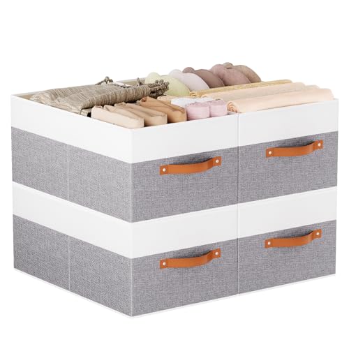 Storage Bins Organizers,18.5×11×7.9In,White/Grey Boxes,4Pack | Clothing Storage Baskets,Fabric Closet Organizer,Foldable Containers with PP Plastic Board,Large Cubes for Clothes,Hat - color: White/Grey, size: Jumbo -4 Pack