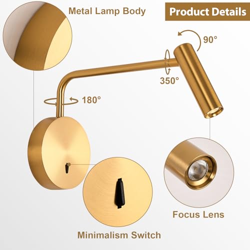 ZEROUNO Wall Mounted LED Reading Light for Bedroom Hardwired Wall Sconce with Switch on/Off Modern 3000K Swing Arm Bedside Wall Mount Lamp (Antique Bronze) - color: Gold