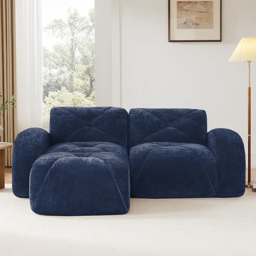 Blue Loveseat Sectional Couches for Living Room, Velvet Fabric Boneless Couch, No Assembly Cloud Modular Sectional Sofa Love Seat with 1 Ottoman, Foam Couch Compressed Sofa Set, Sofas para Sala - color: Blue, size: 2 Seater + 1 Ottoman