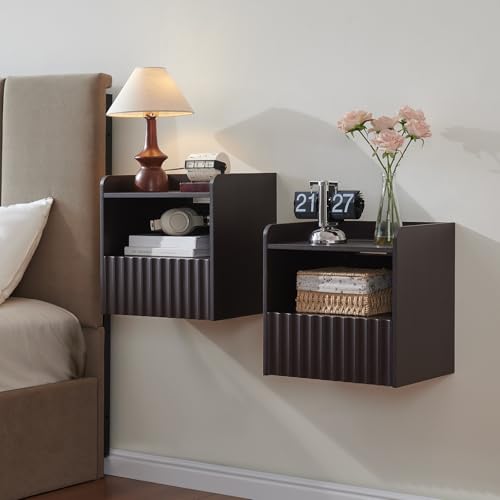 BuildHom Modern Fluted Floating Nightstand Wall Mounted Set of 2- Bedside Table with Storage Drawer & Display Shelf, Minimalist Bedroom Furniture for Studio Apartments(Espresso) - color: Espresso, size: Set of 2