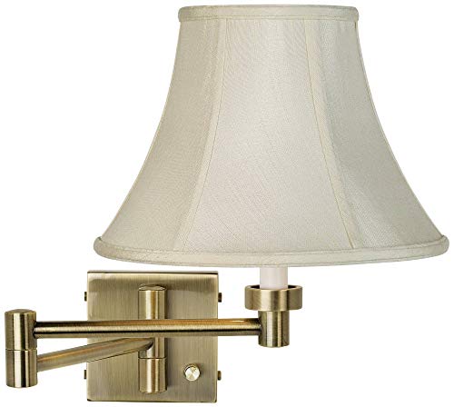 Creme Bell Shade Antique Brass Plug-In Swing Arm Wall Mount Light Fixture | Indoor Cord Dimmable Fabric for Bedroom Bedside House Reading Living Room Home Dining