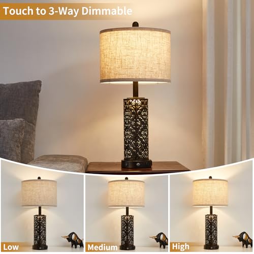 SAIWEYA 26" Set of 2 Farmhouse Table Lamp for Bedroom, Dimmable Touch | 3 Way Dimmable, 2 USB Ports + AC Outlet Bedside Lamp for Nightstand, LED Bulb Included, Fabric Shade, Flower Metal Body - color: Black-26in 2 Pack