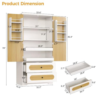 IRONCK 70" Kitchen Pantry Cabinet with Pull-Out Shelves, White | Pantry Storage Cabinet with 6 Door Organizers, 2 Drawers, Kitchen Storage for Kitchen, Dining Room,White & Natural