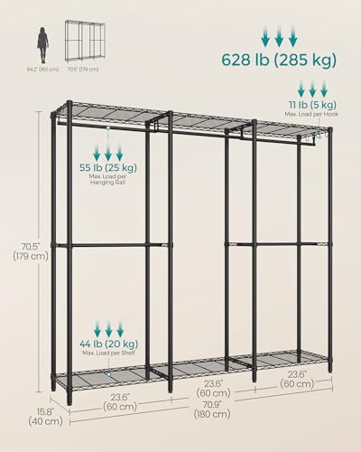 SONGMICS Clothing Rack, Heavy-Duty Garment Rack, Adjustable Storage Shelves | Freestanding Portable Wardrobe Closet, Hanging Rails, Ink Black, DALTEN Collection ULGR436B01 - size: 70.9"W x 70.5"H, style: Without Fabric Cover
