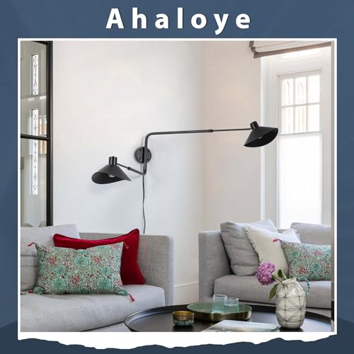 Big 2-Light Plug in Wall Sconce, Adjustable Swing Arms Wall Light Fixture for Living Room Bedroom Bedside Wall Light Adjustable Swivel Arms Length 22” to 58” - color: A-Black