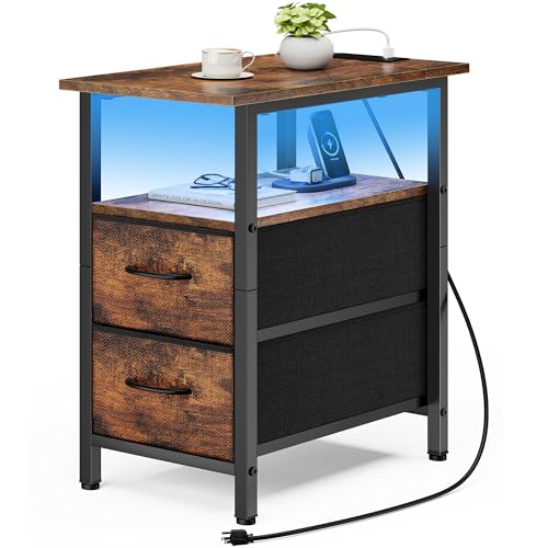 Nightstand with Charging Station and LED Lights, Narrow Side Table, LED Night Stand with 2 Fabric Drawers, Bedside Table with USB Ports and Outlets, Tall Nightstand for Bedroom, Rustic Brown - color: Rustic Brown, size: 1, style: With LEDs