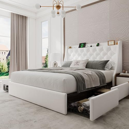 Einhomn Queen Bed Frame with 4 Storage Drawers, Upholstered Bed Frame with Large Wingback Headboard, Charging Station, No Box Spring Needed, White - color: White, size: Queen
