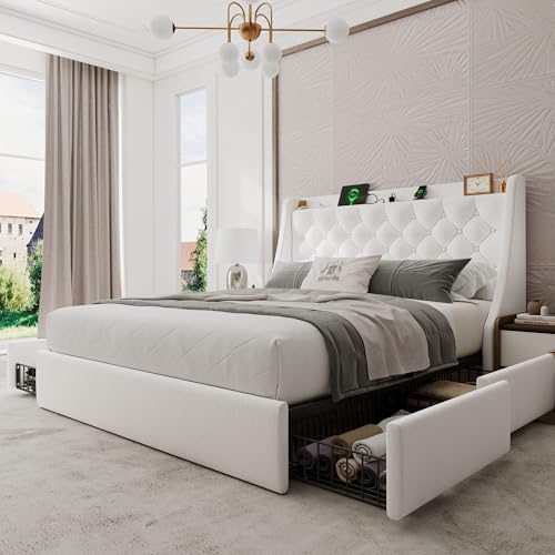 Einhomn Full Size Bed Frame with 4 Storage Drawers, Upholstered Bed Frame with Large Wingback Headboard, Charging Station, No Box Spring Needed, White - color: White, size: Full