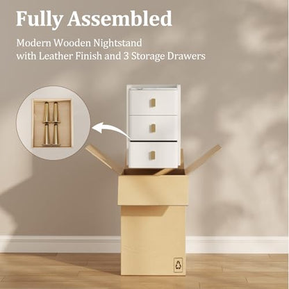 AQIMUELE Narrow Nightstand with Drawers, Narrow Side Table Leather, Small Bedside Tables for Bedroom. (White) - color: White, size: 11.8''W x 15"D x 22.8"H