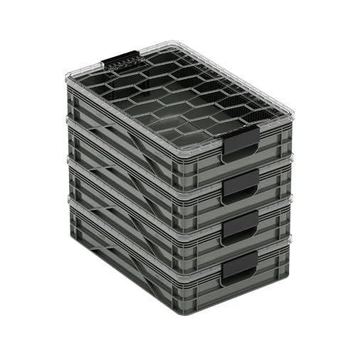 Quarter Crate 4-Pack Stackable Storage Bins, Stealth | Polypropylene, 14 dividers included, 19.16x12.75x4.57 in, over 1000 lb stack, lids sold separately - color: Stealth