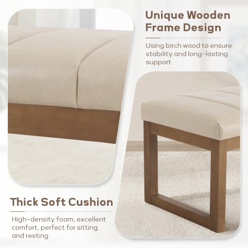 52.7" Bedroom Bench for End of Bed, Faux Leather Entryway Bench (Cream-PU) | Modern Upholstered Dining Bench & Footrest Stool Bench with Solid Wood Frame for Bedroom, Living Room - color: Cream-pu