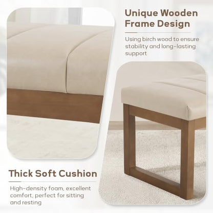 52.7" Bedroom Bench for End of Bed, Faux Leather Entryway Bench (Cream-PU) | Modern Upholstered Dining Bench & Footrest Stool Bench with Solid Wood Frame for Bedroom, Living Room - color: Cream-pu