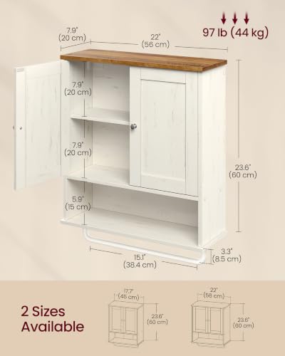 VASAGLE SIREN Collection Bathroom Wall Cabinet, Hanging Storage | Bathroom storage cabinet, with towel rod, farmhouse, adjustable shelf, and doors, 7.9 x 20 x 23.6 Inches UBBK149WJ01S