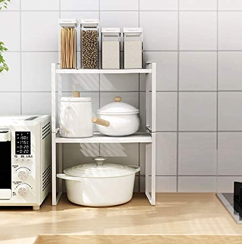 Shantton 2pk Kitchen Cabinet Shelf Counter Organizer Rack Pantry Storage Bathroom Bedroom Office Table Desk Space Saving Steel Frame Stackable Rust Resistant Non Slip White-Tall- L13in W8.3in H9.5in | 2-Pack Stackable Metal Riser Holds 40LBS with Non-Slip