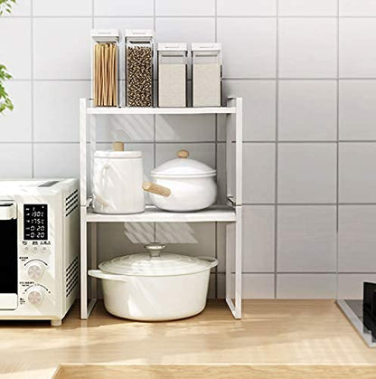 Shantton 2pk Kitchen Cabinet Shelf Counter Organizer Rack Pantry Storage Bathroom Bedroom Office Table Desk Space Saving Steel Frame Stackable Rust Resistant Non Slip White-Tall- L13in W8.3in H9.5in | 2-Pack Stackable Metal Riser Holds 40LBS with Non-Slip