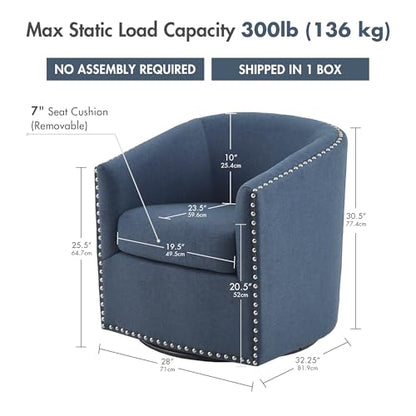 Madison Park Swivel Barrel Accent Chair, Upholstered Curved Back with 7-Inch Thick Woven Cushion, 360° Swivel, Nailhead Trim, Comfy Chair for Living Room, Bedroom, Office, 28" Wide, Blue, Tyler - color: Blue